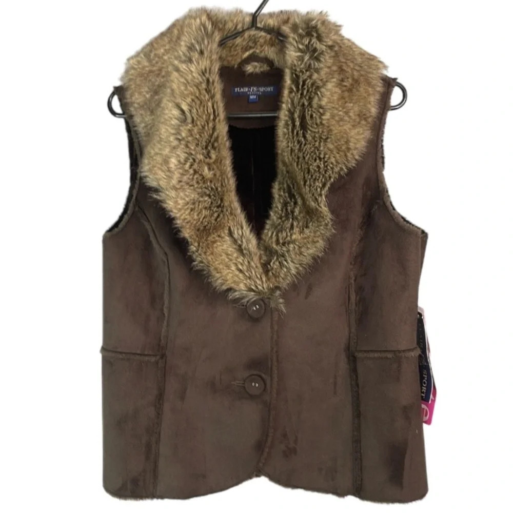 FLAIR SPORT NWT Fun Fur Shawl Collar Vest Brown Faux Suede Button Front MP - Picture 2 of 11